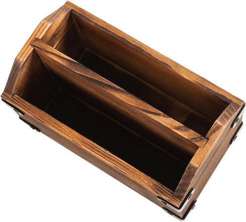 Brown Torched Wood Remote Control Organizer, Two Compartment Holder for TV, Game Consoles, Cell Phone, Kitchen