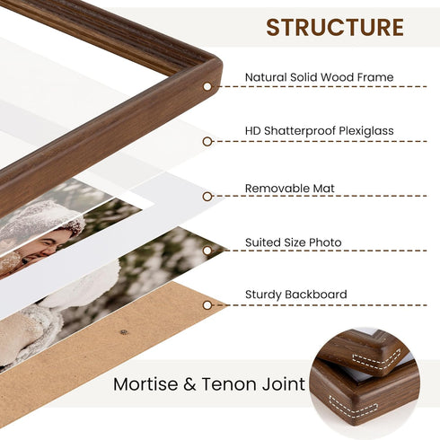 8x10 5x7 Axeman Natural Solid Oak Wood Picture Frame with Mat, Premium Rustic Wooden Photo Frames with Plexiglass