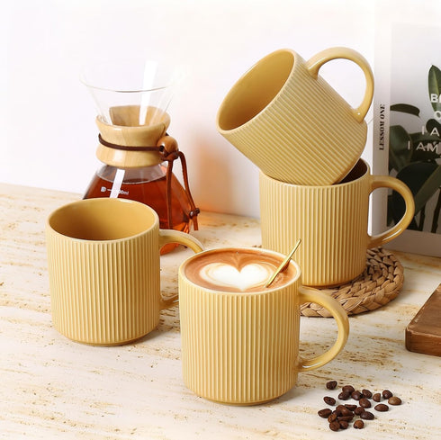 16Oz Set 4, Set MONITO Coffee Mugs of Rustic Ceramic Coffee Cups with Large Handle, Vintage Striped Stoneware Coffee