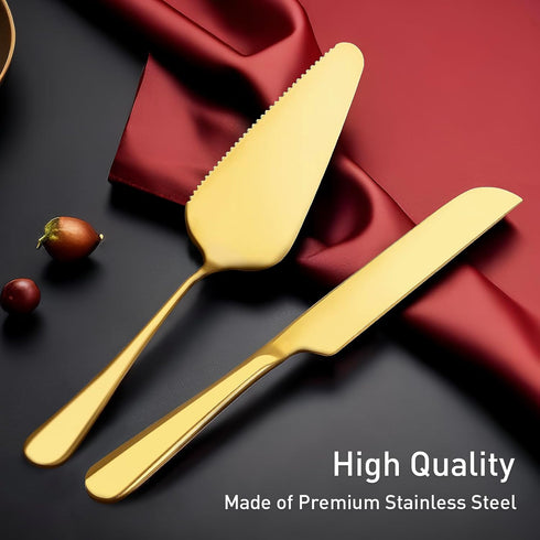 2Pcs Wedding Cake Knife and Server Set, Premium Cake Cutter includes 10.63" Cake Knife and 9.25" Pie Server, Stainless Steel Cake cutting set for Wedding, Birthday, Anniversary, Gold by GIEBYIE