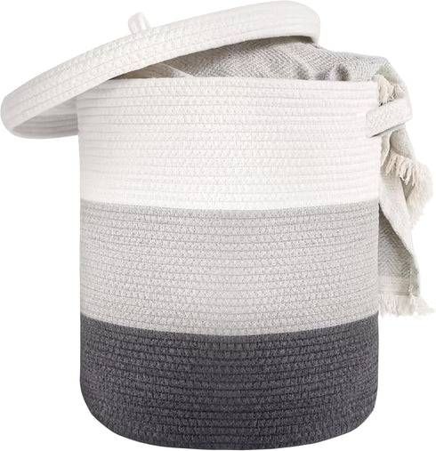 Large 60L Storage Basket with Lid, 16"Wx18"H Woven Cotton Laundry Basket, Dark Gray/Gray/White Mix