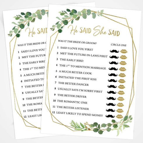 Printed Party Bridal Shower Games – He Said She Said Game with Bride and Groom Trivia, Botanical Greenery Theme