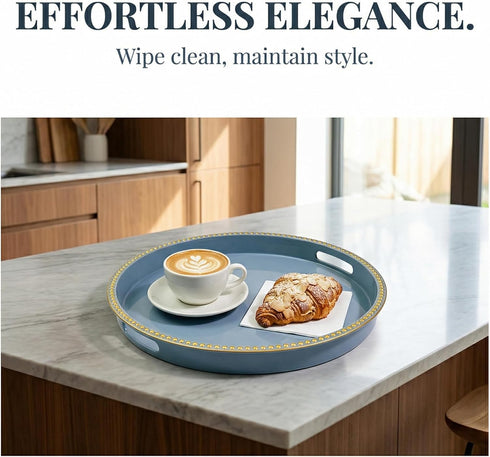 Counter, Room,(13") Blue Decorative Tray for Coffee Table, Round Beaded Plastic Serving Tray forKitchen Ottoman, Living