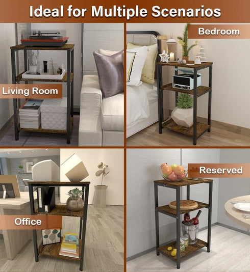 Tigerden 3 Tier Side Table, Heavy Duty End Table with Shelves, Narrow Nightstand for Small Spaces, Record Player Table
