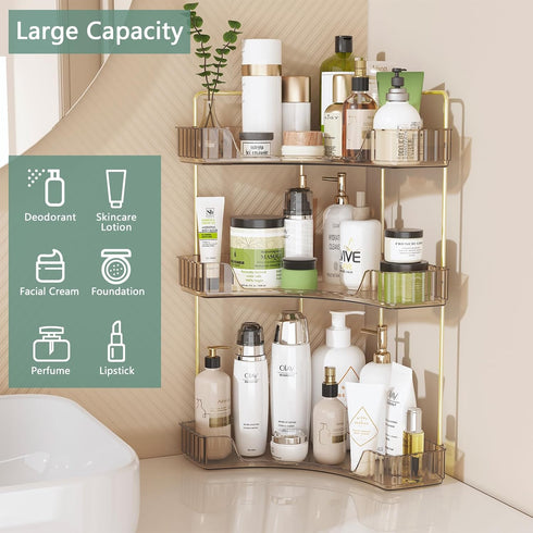 Webetop Countertop Bathroom Organizer, 3 Tier Corner Shelf for Makeup, Skincare, Cosmetic, Toiletries, Amber