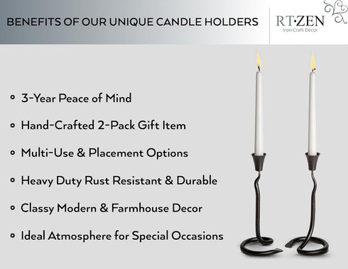 RTZEN Decorative Taper Candle Holders: Modern Wrought Iron Blacksmith Large Farmhouse Candlestick Holders, 2 Pack