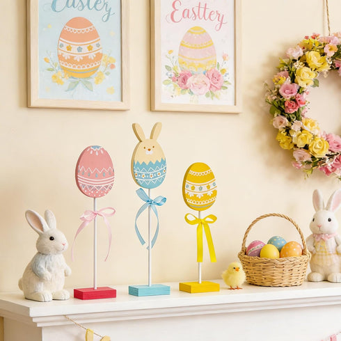 Songjum 3Pcs Easter Egg Bunny Wooden Table Signs Colorful Rabbit Shape Tabletop Centerpieces Tiered Tray Decor Easter