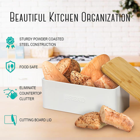 Countertop, OUTSHINE White Bread Box for Kitchen Small Storage Container with Bamboo Lid, Modern Kitchen Organizer