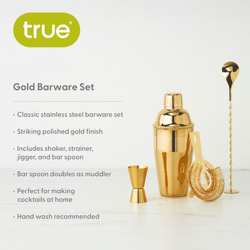 True 4-Piece Cocktail Shaker Set, Gold Includes Cobbler Shaker, Strainer, Jigger, Bar Spoon