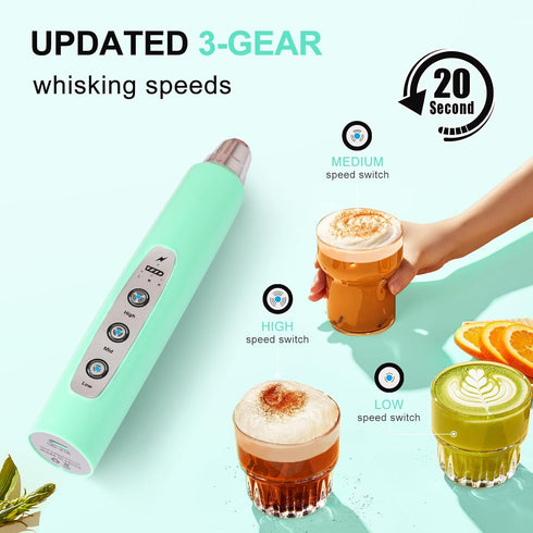 YUSWKO Baby Blue Handheld Milk Frother Wand, Rechargeable Electric Whisk with 3 Heads for Coffee, Latte, Hot Chocolate