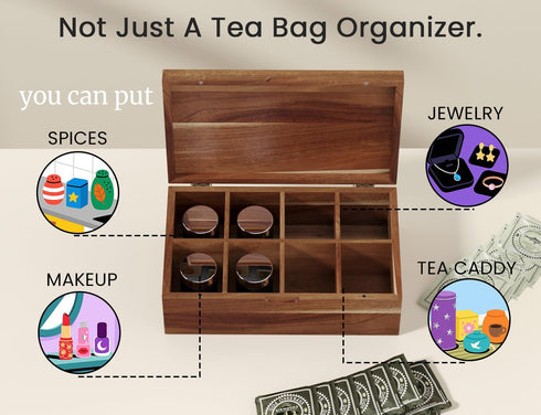 Packet 8 Acacia Wood Tea Bag Organizers, Tea and Sugar Storage Chest with Lid, Wooden Teabag Holder Containers,Tea Box