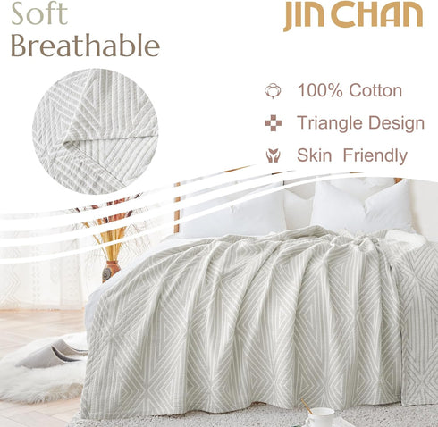 jinchan 100% 50x60 Inches 3-Layer Boho Cotton Blanket Muslin Lightweight Geometric Triangle Striped Pattern Reversible