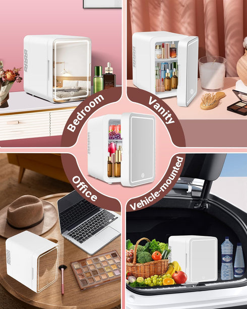 Mini Fridge Skincare with Dimmable LED Light Mirror, 4L/6Can Cooler & Warmer Mini Fridge for Skincare and Makeup,