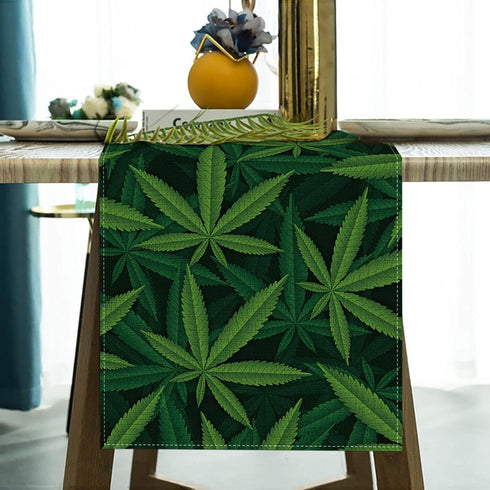Sunwer Linen Table Runner with Marijuana Leaf Pattern, 13" x 72", Green, Modern Design for Kitchen Dining & Parties
