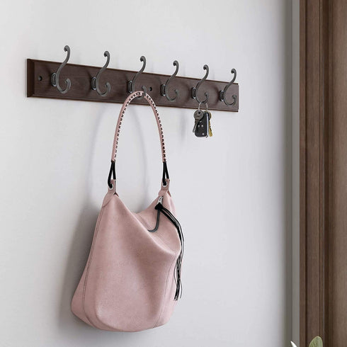 LIBERTY Wall Mounted Coat Rack with 6 Decorative Hooks, 27 Inch, Soft Iron and Cocoa