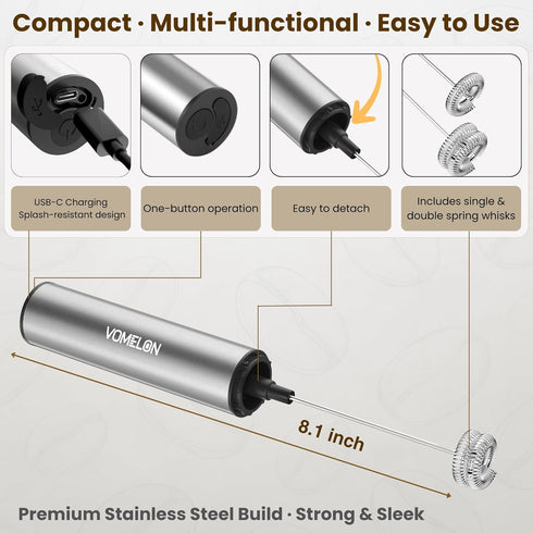 VOMELON Operated,2-Speed Rechargeable Milk Frother Battery Portable Travel Frother,Electric Milk Foamer Coffee Frother