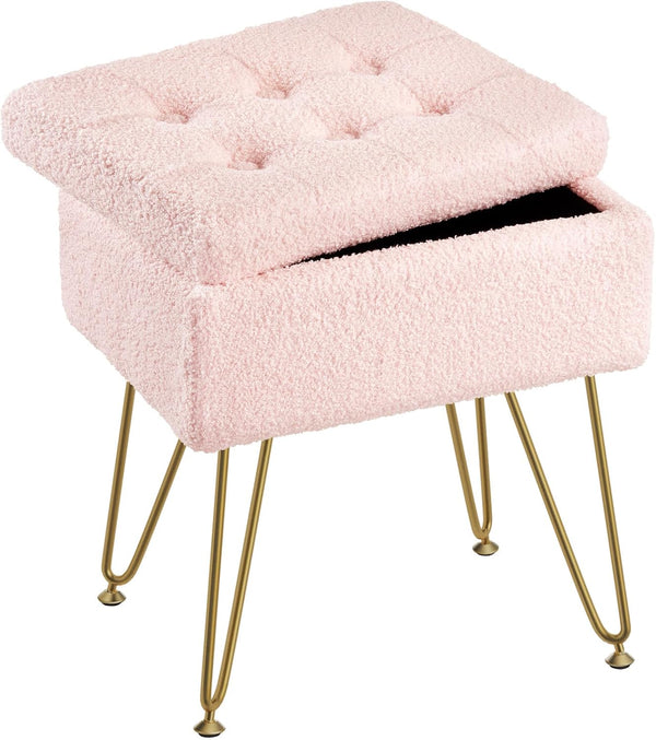 Seventable Vanity Stool Chair with Storage, Teddy Velvet Soft Ottoman, 4 Metal
