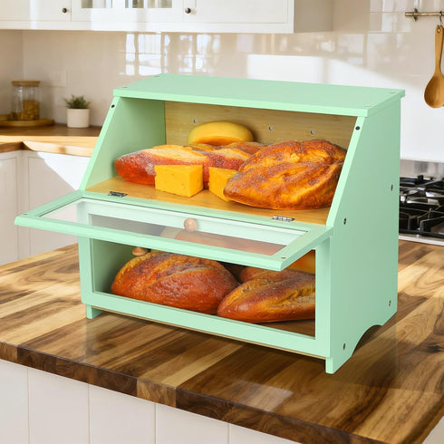 Counter, HOMEKOKO Double Layer Large Bread Box for Kitchen Wooden Large Capacity Bread Storage Bin (Mint Green)