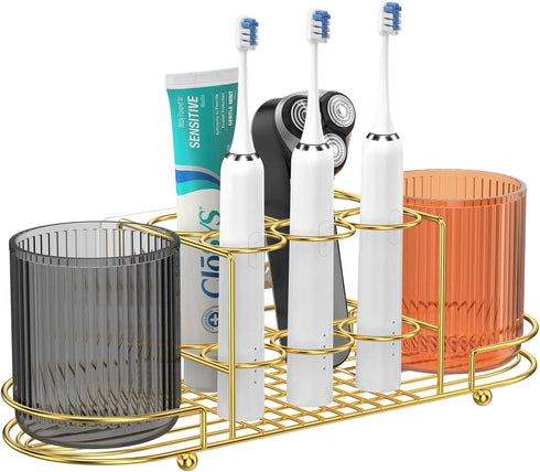 Toothbrush Holders with 2 Cup - Wall Mount Electric Toothbrush Holder Gold