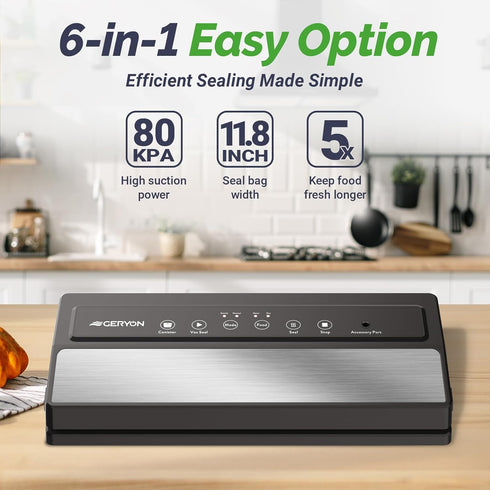 GERYON Vacuum Sealer, Vacuum Sealer Machine for Food Storage with Sealer Bags & Roll, Compact Design, Silver