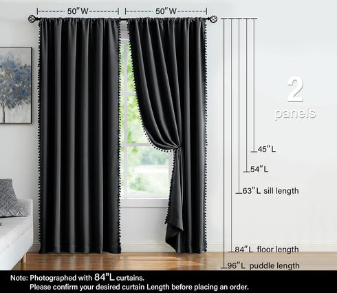 Treatmentex Black Pom Pom Blackout Curtains Set, 45" Half Window Drapes for Small Basement Laundry, 2 Panels Rod Pocket