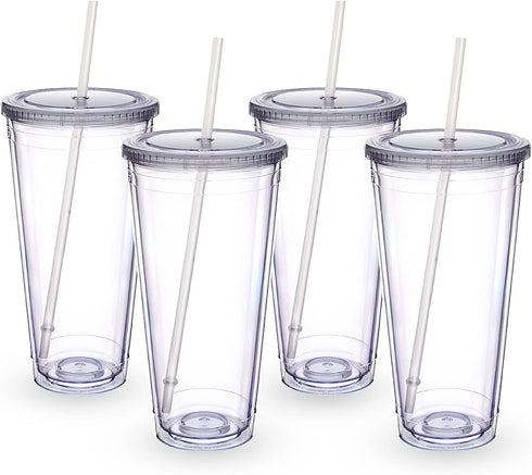 Zukro Clear Acrylic Tumbler with Straw and Lid 32 oz, Double Walled