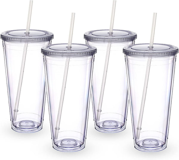 Zukro Clear Acrylic Tumbler with Straw and Lid 32 oz, Double Walled