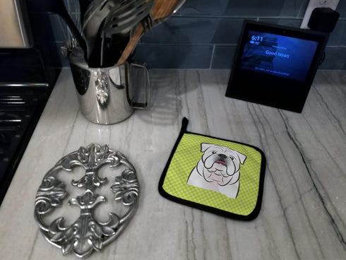 Caroline's Treasures BB1282PTHD Checkerboard Lime Green White English Bulldog Pair of Heat Resistant Pot Holders for