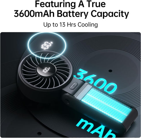 JISULIFE Life7 Handheld Fan 2024, Powerful Portable Fan with LED Display, 3600mAh, 5 Speeds, Lanyard, 3-IN-1 (Black)