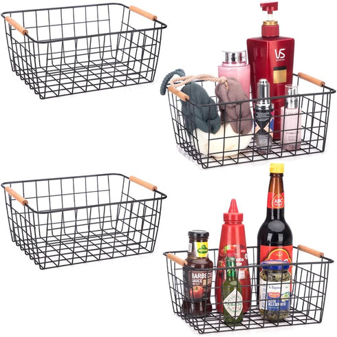 LeleCAT Set of 4 Wire Baskets with Wooden Handles, Wire Storage Organizer Baskets for Household Refrigerator, Cabinets,