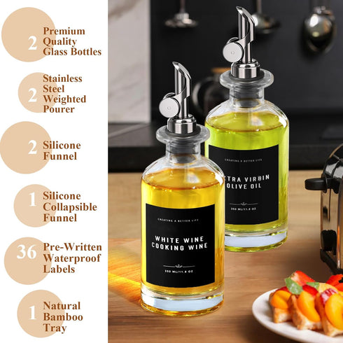 Set Olive Oil Dispenser Bottle with Bamboo Tray, GIXSEGIE Oil and Vinegar Dispenser w.Metal Pour Spout, Coffee Syrup