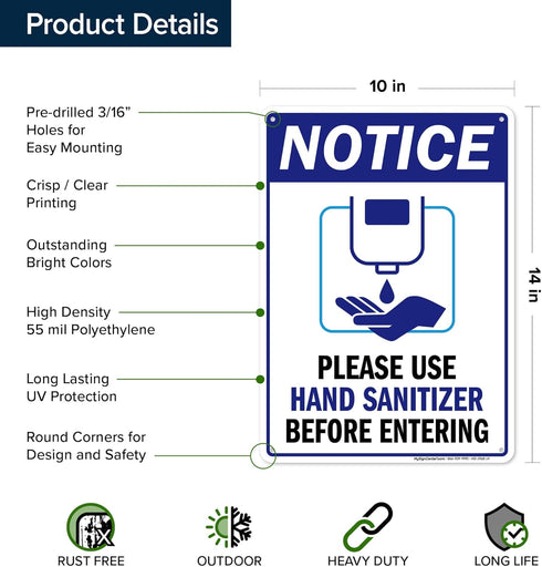 10"x14" Please Use Hand Sanitizer Before Entering Sign, Polyethylene, Fade Resistance, Indoor/Outdoor Use, USA MADE By