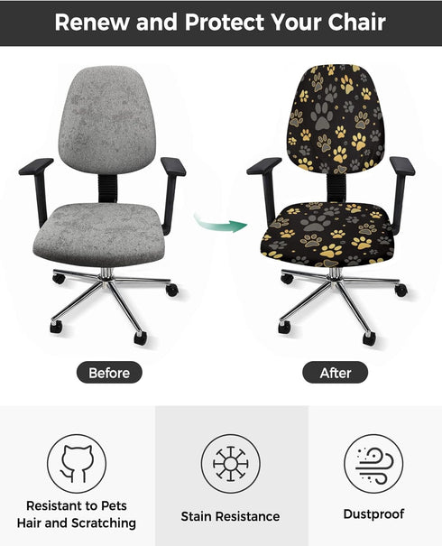 Computer Office Chair Cover Yellow Paw Print Black Background Protective & Stretchable Desk Chair Covers Soft Polyester Universal Rotating Chair Slipcover Chair Protector by Singingin