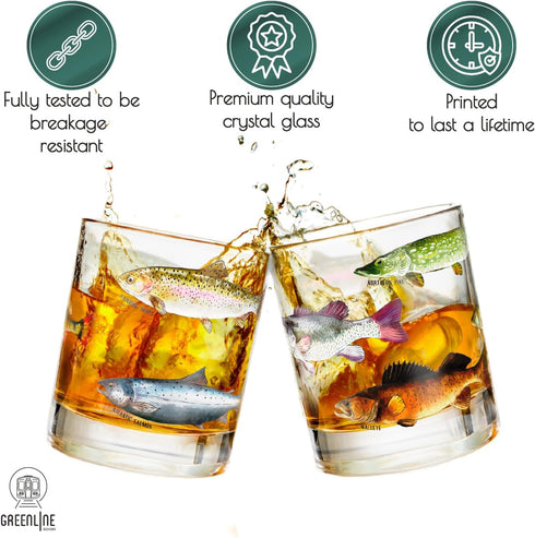 Greenline Goods Fishing Glass Set - Fish Themed 10 oz Whiskey Glass Set of 2 for Fisherman and Outdoorsman
