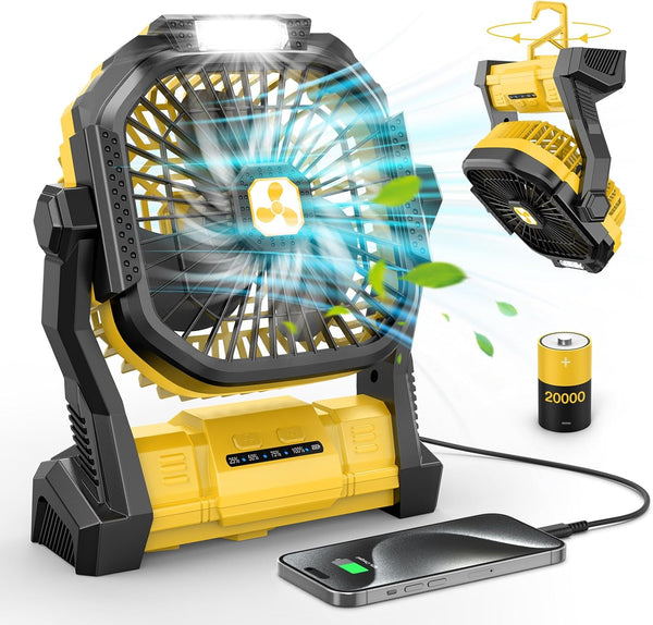 Portable Rechargeable Fan, 20000mah Cordless Battery Powered with LED Lantern for Travel, Home, Camping, Office