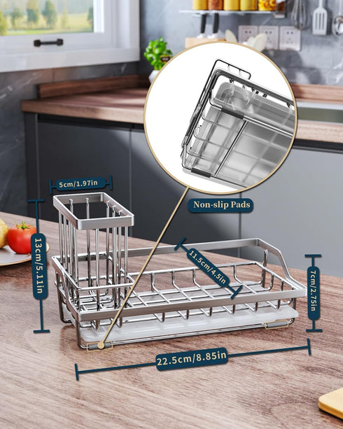 Consumest Sink Caddy, Kitchen Sponge Holder + Dish Brush Holder with Drip Tray for Countertop, Stainless Steel Rustproof