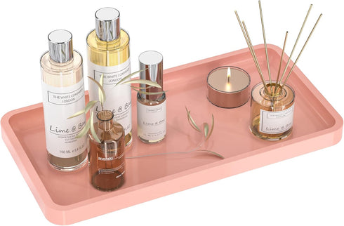 Bamboo Bathroom Vanity Tray for Countertop, Decorative Wood Tray for Dresser Tops and Home Decoration, Pink