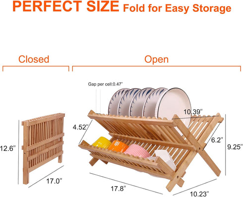 SZUAH Collapsible Bamboo Dish Drying Rack for Kitchen Counter, Space Saving Organizer (17.8"x10.23"x9.25")