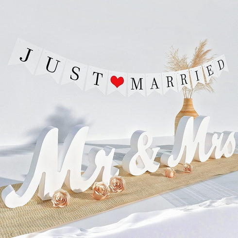 VIOPVERY Large White Mr and Mrs Sign for Wedding Table, Wooden Letters with Just Married Banner
