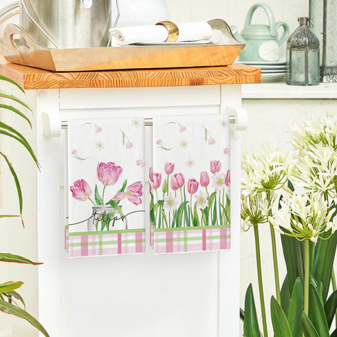 18x26 Inch Set 2 Artoid Mode Tulip Buffalo Plaid Flowers Spring Kitchen Towels Dish Towels, Seasonal Floral Decoration