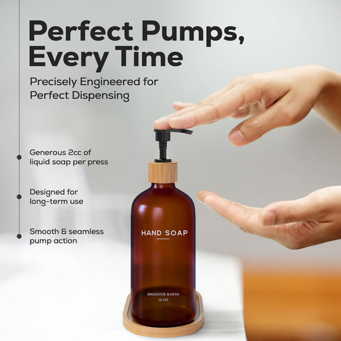 Brighter Barns Amber Glass Hand Soap Dispenser Set - Modern Bathroom Decor with Bamboo Tray for Kitchen Sink & Bathroom