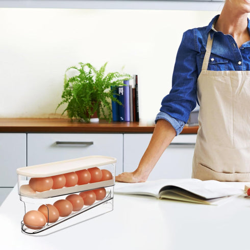 PRETYZOOM Automatic Rolling Egg Holder for Fridge, Home Egg Dispensing Organizer Refrigerator
