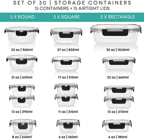 Razab 30 PC Glass Food Storage Containers with Lids, Reusable Airtight Meal Prep Containers for Lunch and Leftovers