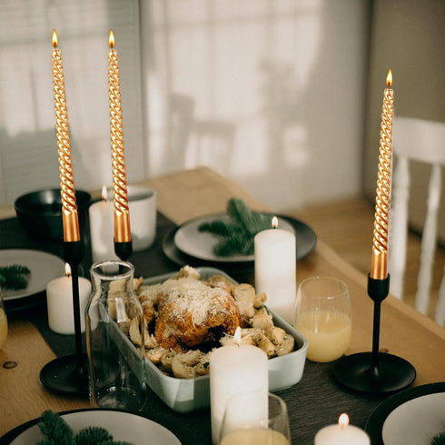10 Inch Taper Candle Set of 12 - Long Burning Tapered Candles for Dinner Parties, Weddings, and Halloween (25cm, Gold)