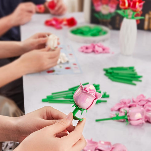 EWED Set: 6-Pack Rose Flower Bouquet Building Artificial Flowers Botanical Collection Blocks Kit for Women Girls Wife