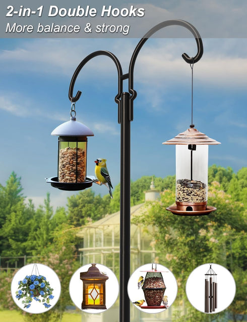 5 60 Inch Hummingbird 2 Pack Outdoor Double Shepherds Hook with Prong Base, Adjustable Heavy Duty Two Sided Bird Feeder
