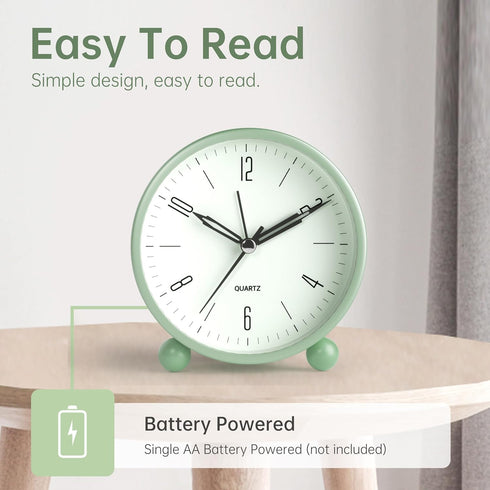 Analog Alarm Clock - 4 inch Super Silent Non Ticking Small Clock with Night Light, Battery Operated, Ideal Decor for