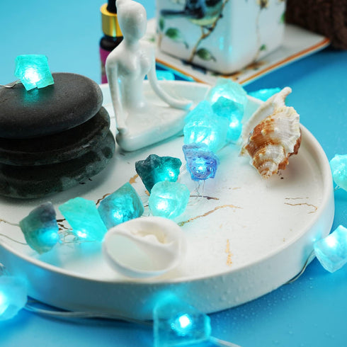 BOHON Natural Fluorite String Lights, Battery Operated with Remote, Sea Glass Raw Stones Decorative Lights 6.5ft 20