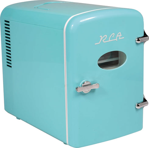RCA RMIS129-BLUE Mini Retro Beverage Refrigerator, 6 Can Capacity, Blue, 0.14 cubic feet