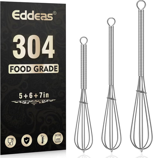 Small Stainless Steel Whisk, Mini Wire Whisk Set of 3, 5in, 6in & 7in for Whisking, Beating, Mixing